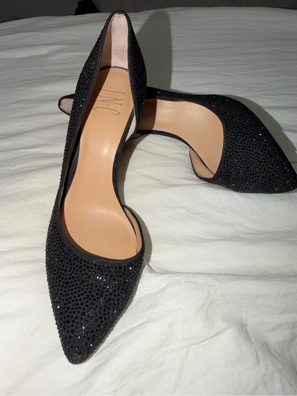 INC International Concepts Black Pointed Toe Crystal-Embellished Pumps